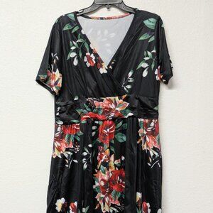 Black Floral V-Neck Cross Over Short Sleeves Midi Dress with Hidden Pockets 2XL